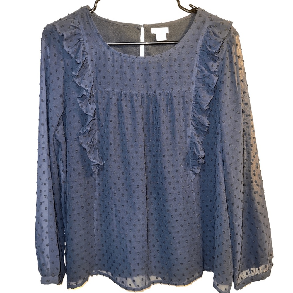 Navy Blue Ruffled Polka Dot Blouse